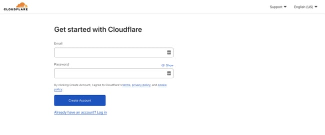 Cloudflare WordPress plugin: Image shows Cloudflare login page where you can enter your email and password to create an account. 