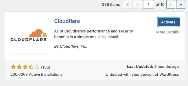 Cloudflare WordPress plugin: Click install next to the plugin's name and then activate.