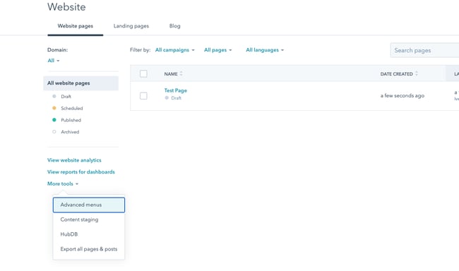 Staging website in HubSpot's CMS Hub: More Tools option in Website Pages dashboard in CMS Hub