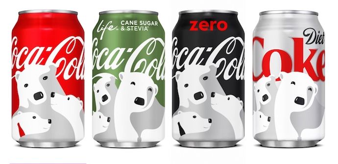 Coca-Cola's logo design with versatile placement on four different colored cans.