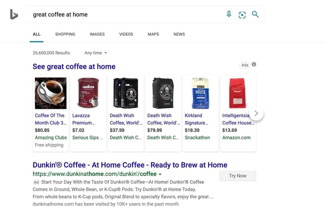 PPC strategy, great coffee at home bing ppc ad example