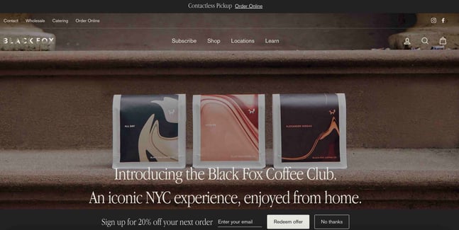 website example of the coffee shop website black fox