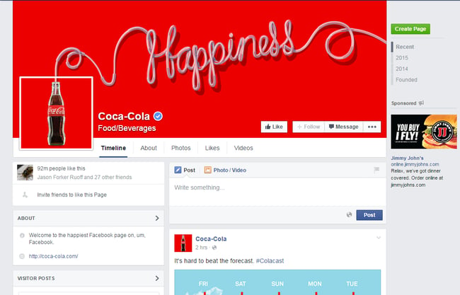 coca-cola's facebook page with banner that reads "happiness"