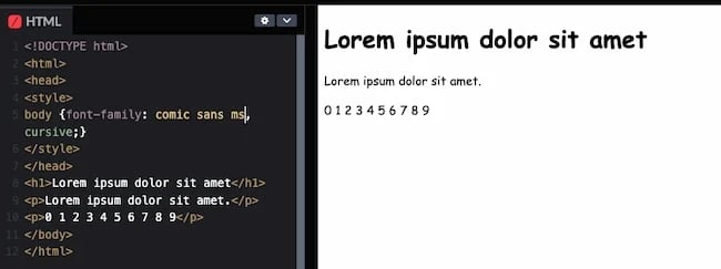 HTML and CSS fonts code example: Comic Sans MS - best html fonts 
