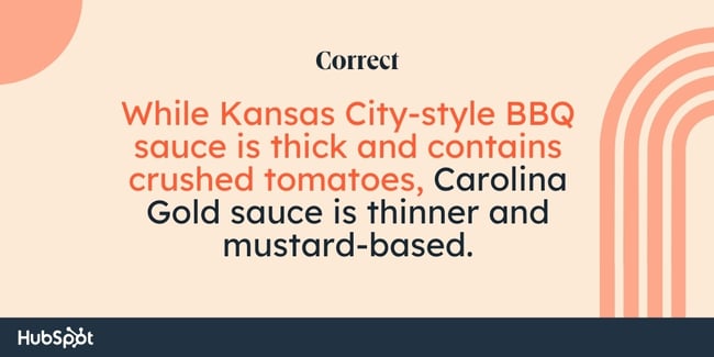 قوانین کاما: در حالی که سس باربیکیو به سبک کانزاس سیتی غلیظ است و حاوی گوجه فرنگی خرد شده است، سس کارولینا گلد نازک تر و بر پایه خردل است.
