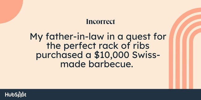 مثال قوانین کاما: پدرشوهرم در جستجوی یک قفسه دنده عالی یک کباب 10000 دلاری ساخت سوئیس خرید. 