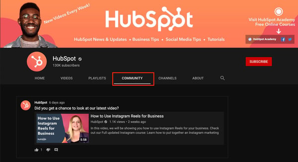 hubspot youtube channel community tab example