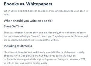 eksempel på et sammenligningsblogindlæg, der viser forskellen mellem e-bøger vs hvidbøger, og hvornår hver ville være passende at bruge