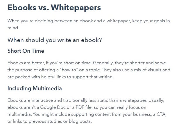 example of a comparison blog post that shows the difference between ebooks vs whitepapers and when each would be appropriate to use