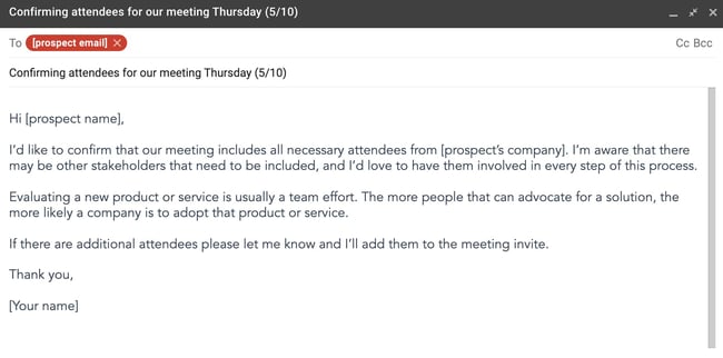 pre-meeting email template example: confirming attendees