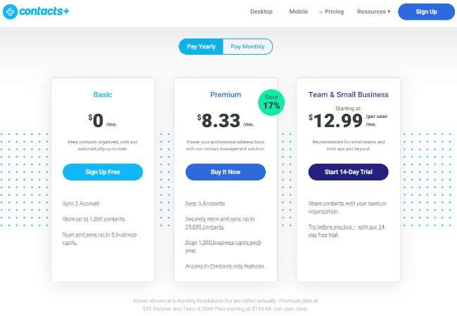 contacts+'s pricing page