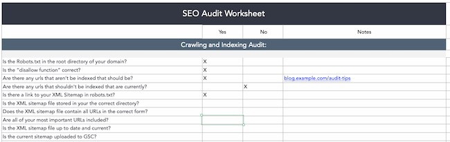 Content audit spreadsheet example: HubSpot SEO audit checklist