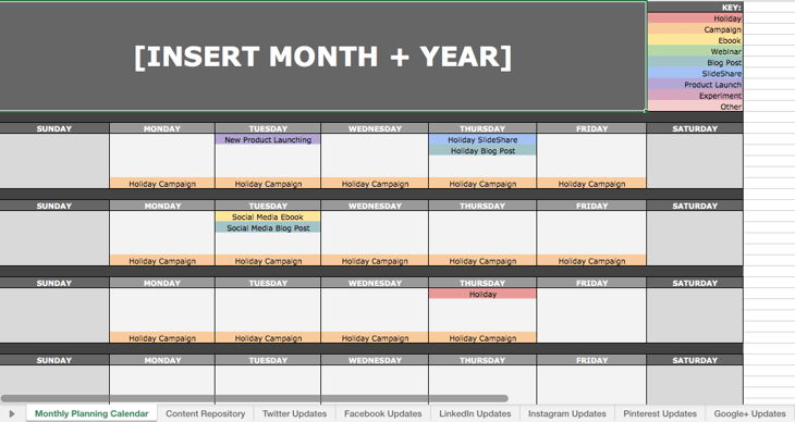Social media calendar ideas organized on an Excel spreadsheet