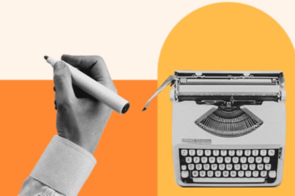contest plugin wordpress cover image, shows hand with a pencil on the left and typewriter on the right. 