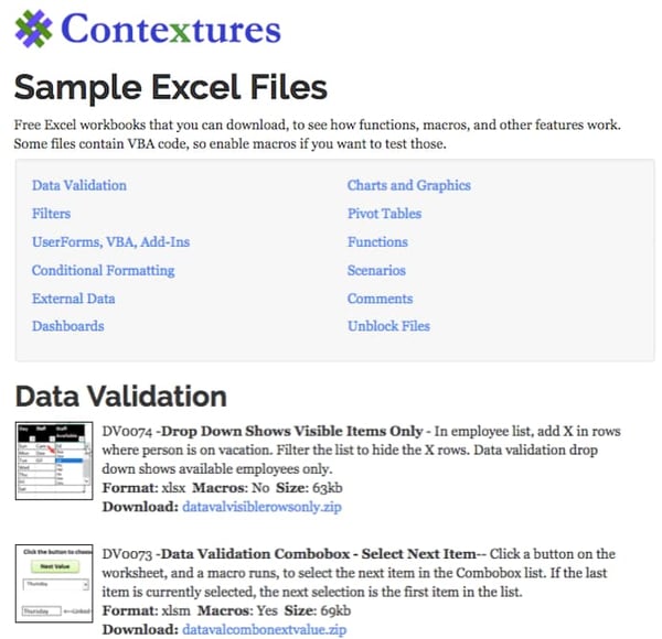 contextures's sample excel files page