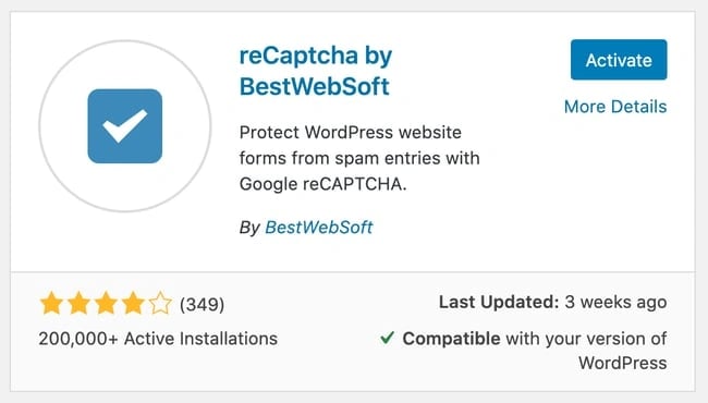 installation page for the google recaptcha plugin