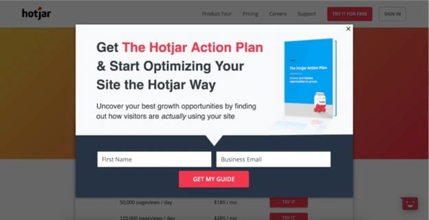 how websites benefit from CRO: Hotjar Pricing Page Popup Overlay