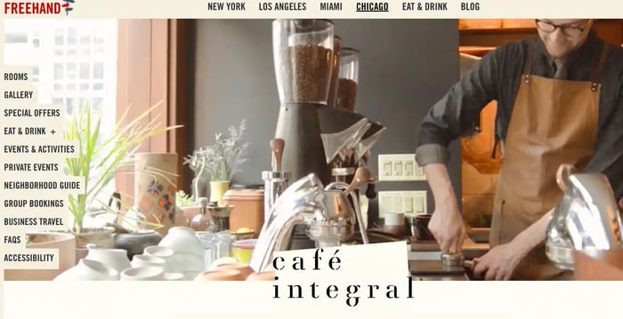 Freehand Hotel's website featuring Cafe Integral.