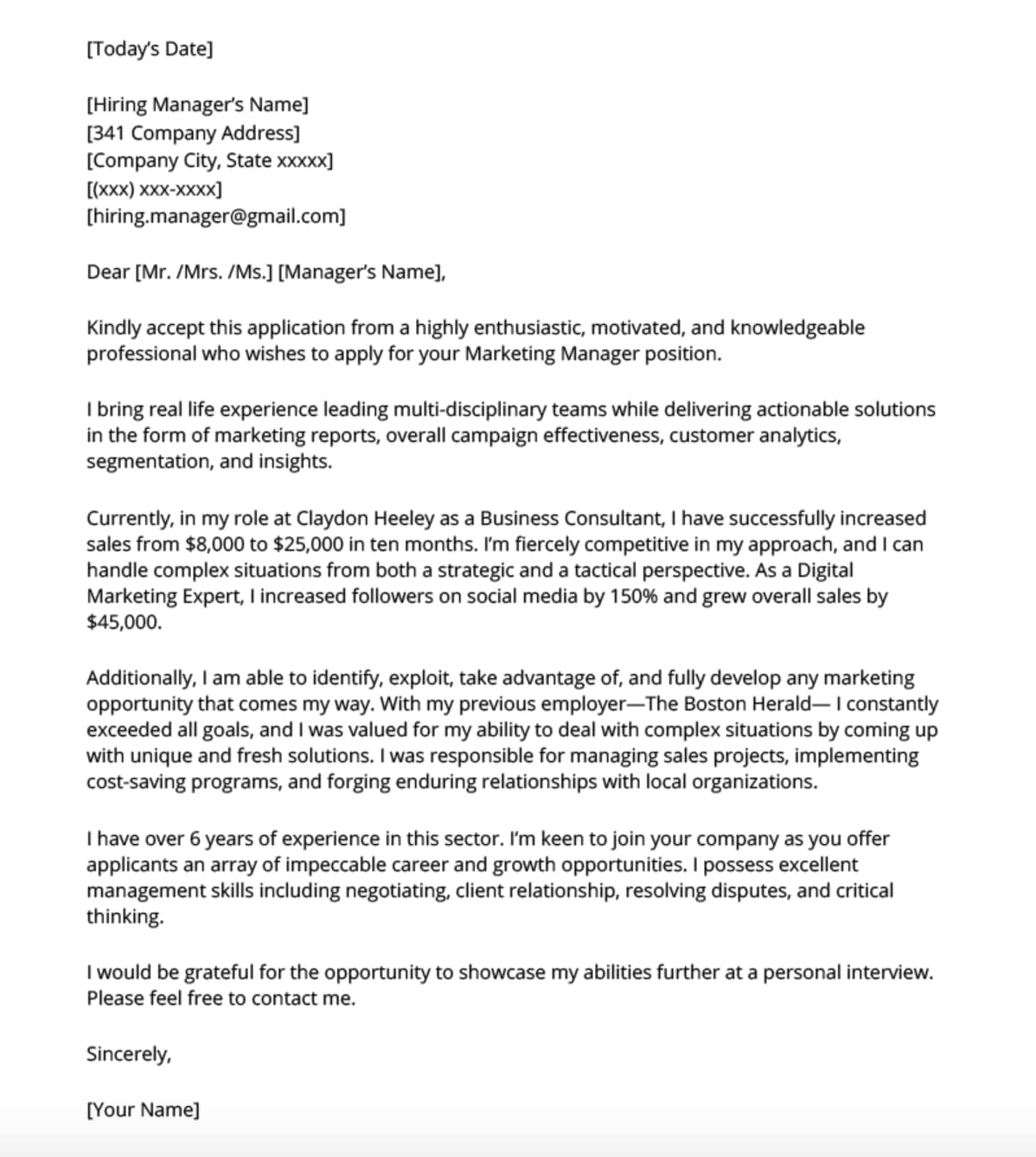 english cover letter sample