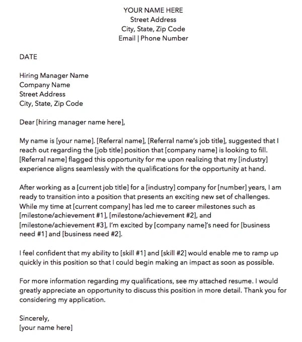 cover letter template: Referral cover letter 