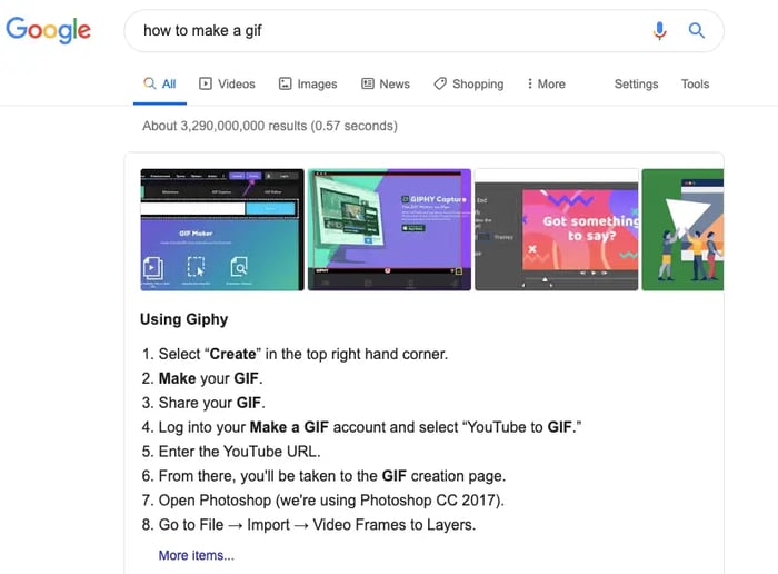 Screen shot of a google search for how to make a gif