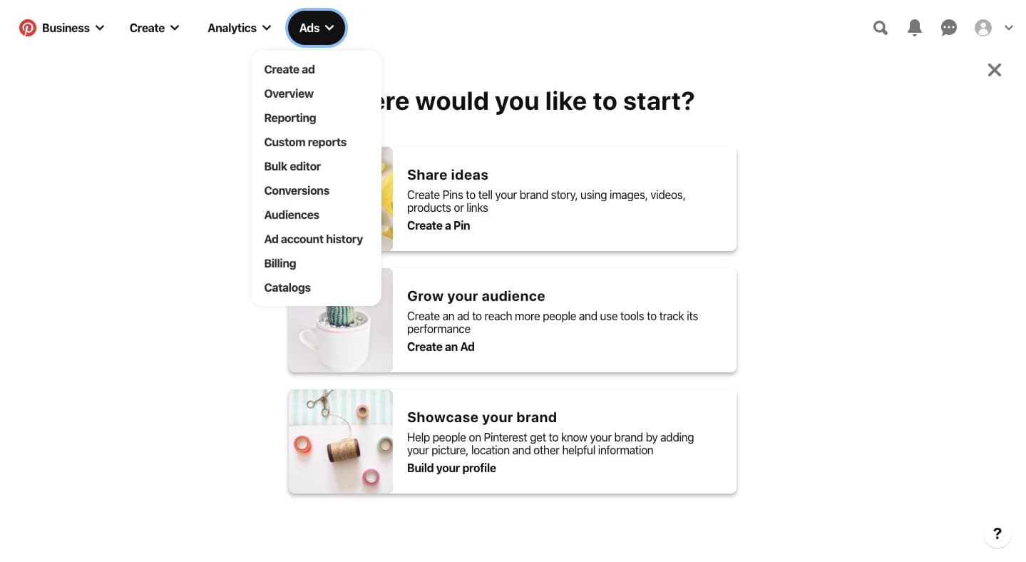 start creating ads in pinterest
