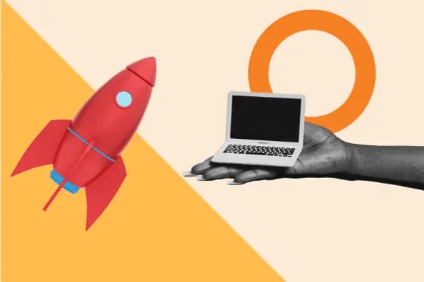 Product launch email represented by a woman's hand holding a small laptop and a toy rocket ship on a colorful background of yellow and light orange