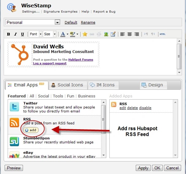 social media optimized email signature: WiseStamp blog RSS
