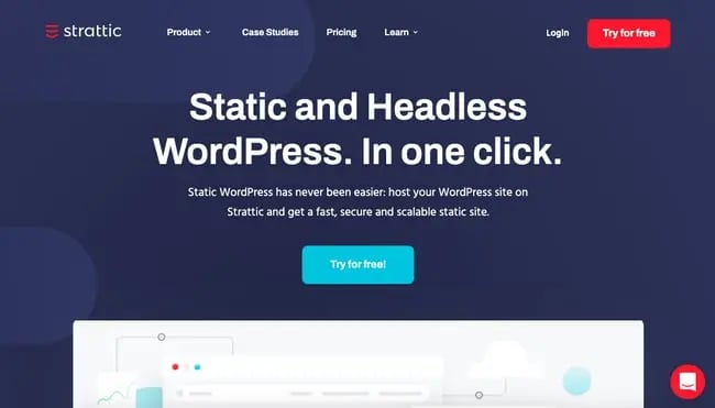 Strattic landing page showcasing value proposition of static wordpress in one click