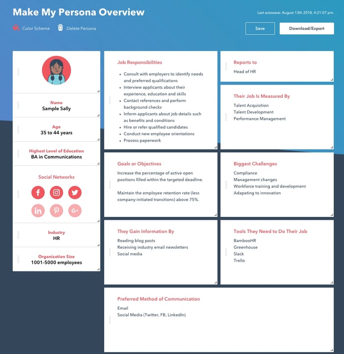 Overview of buyer persona generated by Make My Persona tool