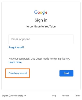 youtube sign-in page with "create account" prompt
