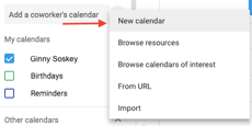 Google Calendar で新しいカレンダーを作成するためのドロップダウン メニュー