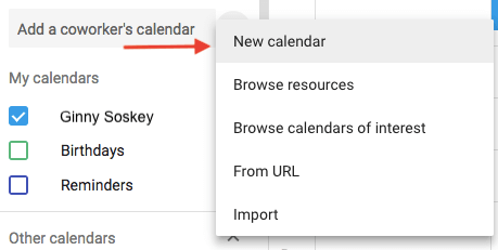 Menu thả xuống để tạo lịch mới trong Lịch Google