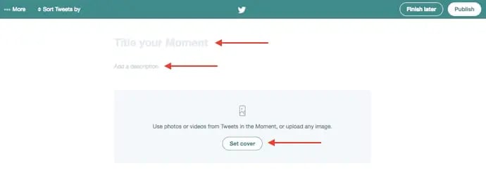 Fields to choose a title, description, and cover photo for a new Twitter Moment