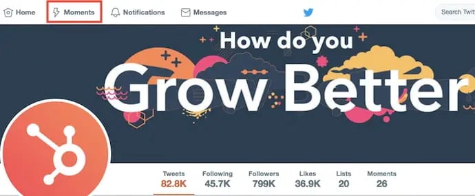 Twitter Moments button shown on desktop from HubSpot's Twitter profile