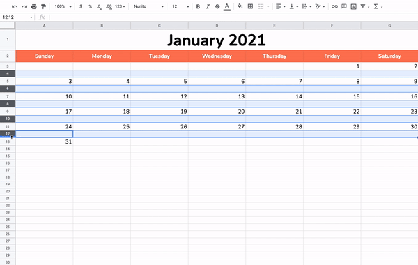 Expanding the cells in a Google Sheets calendar
