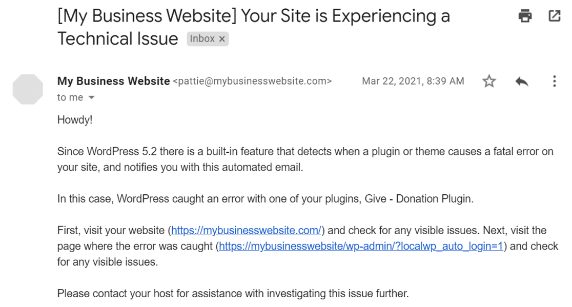 critical error email from WordPress that shows an error with a plugin and gives a link to recovery mode