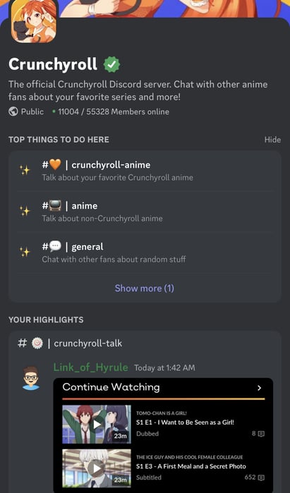 A screenshot of the Crunchyroll Discord social media community. 
