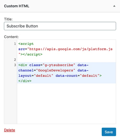 the Custom HTML widget window in WordPress for adding a YouTube subscribe button