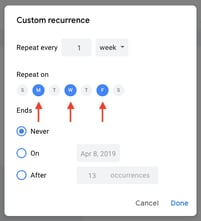 Impostazione della ricorrenza personalizzata in Google Calendar per l'evento ricorrente