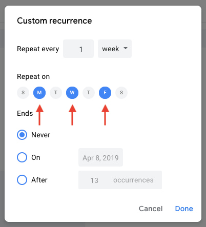 تنظیم تکرار سفارشی در تقویم Google برای رویداد تکراری