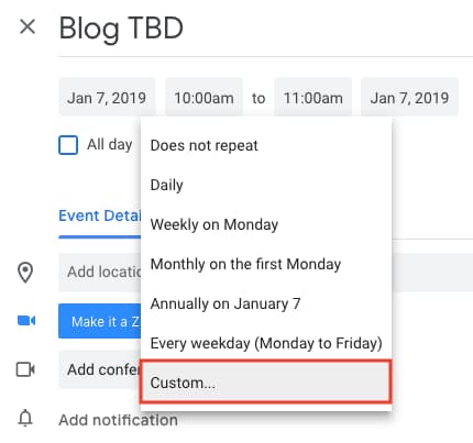 Setting Custom Repeat Schedule in Google Calendar for Recurring Event