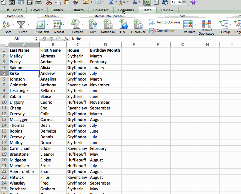 excel for mac data in table