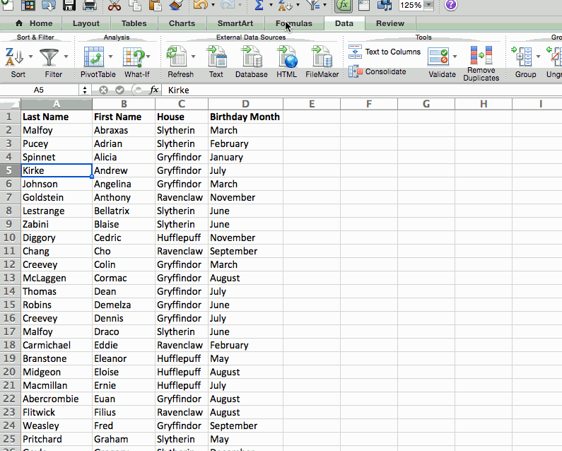 excel for mac how do you program the column header to sort by