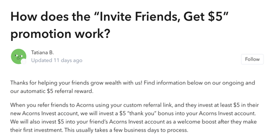 customer referral program example, Acorns