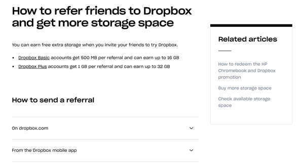 customer referral program example, Dropbox