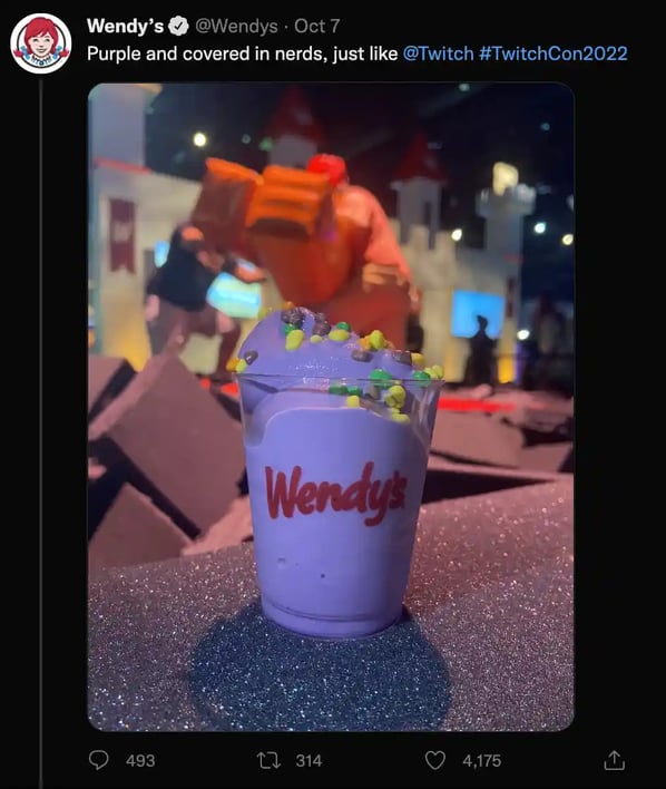 online customer retention example, @Wendy's purple and cover in nerds just like @Twitch