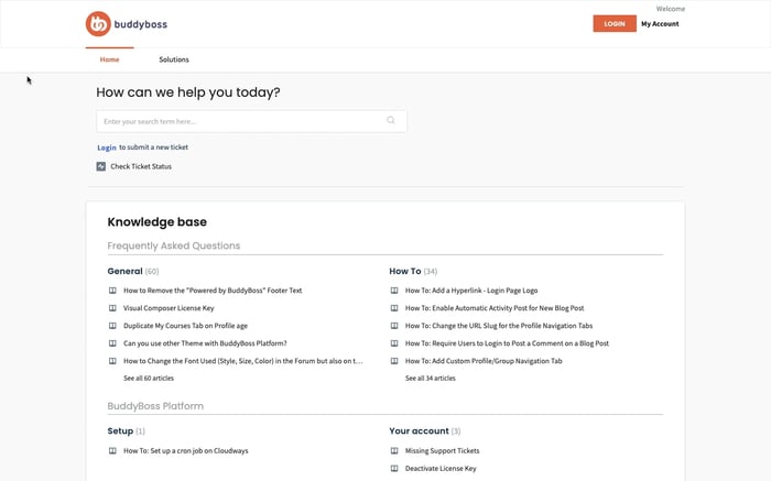 BuddyBoss customer support page with knowledge base