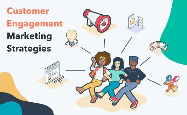 customer engagement marketing strategies featuring three animated people surrounded by several icons for ways to engage with a business