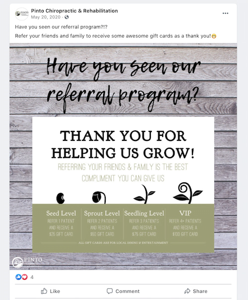 customer referral program ideas: loyalty tiers from pinto chiropractic